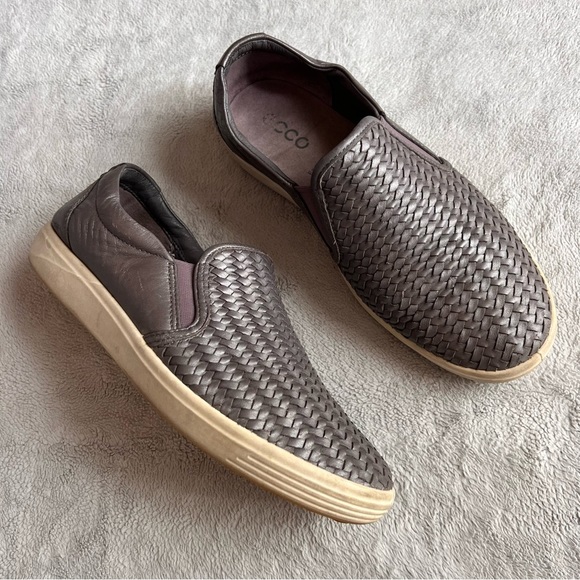 Ecco Soft 7 Woven Leather Slip-On Comfort Shoe Sneaker Silver Gravity Metallic - Picture 1 of 17